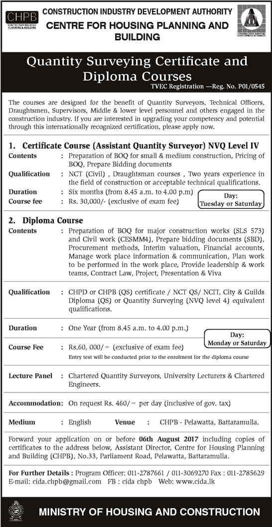 Quantity Surveying Certificate & Diploma Courses - Construction Industry Development Authority